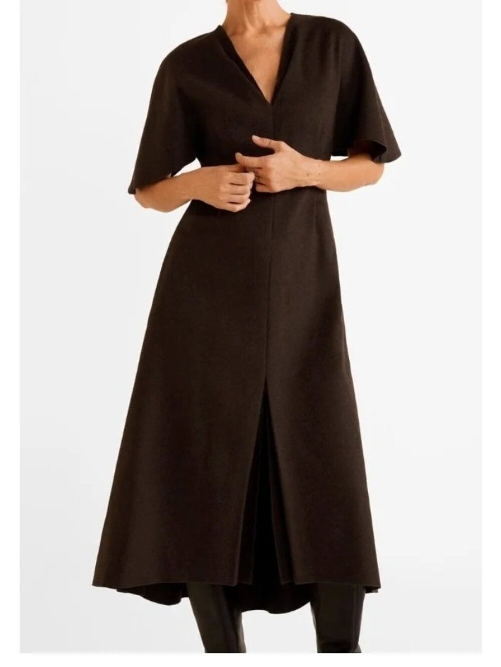NWT MANGO Committed Collection LALA Brown Wool-Blend V-Neck Maxi Dress Size XL - Picture 2 of 14